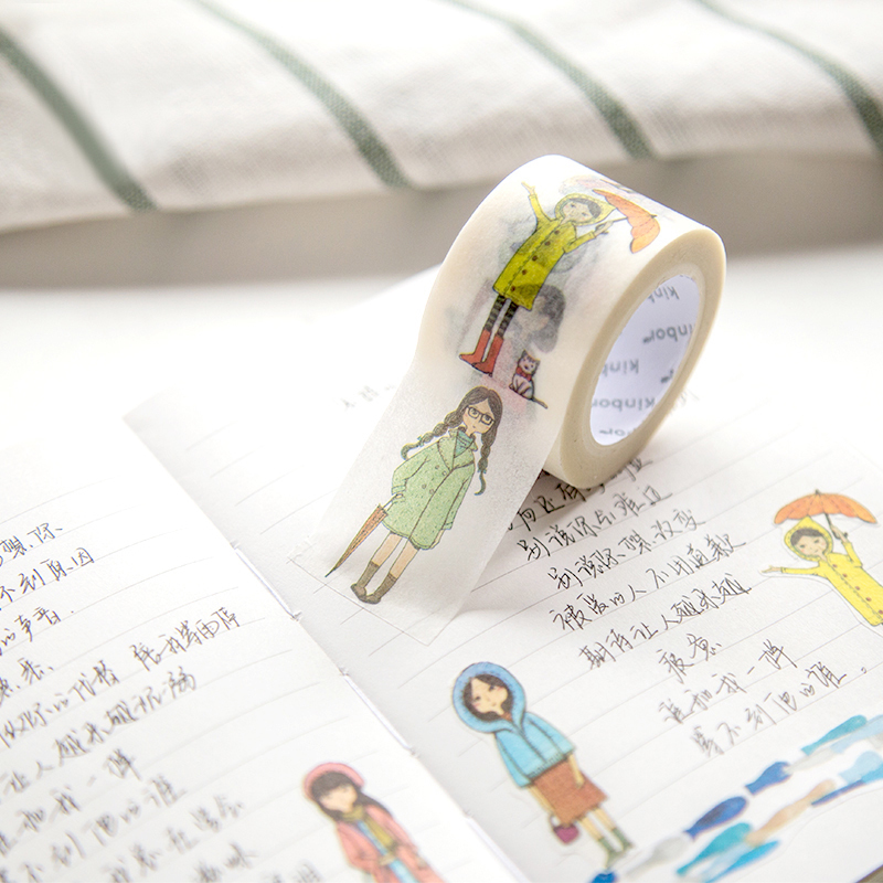 云木雜貨 創意手繪少女寬版和紙膠帶 日記手帳裝飾貼紙可撕DIY